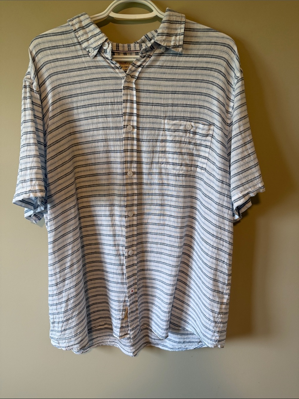 Men's Washable Linen Short-Sleeve Button-Up Shirt in White with Blue Stripes XL